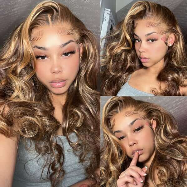 Honey Blonde Ombre Body Wave Hair 13x4 Transparent Lace Front Human Hair Wig Pre Plucked