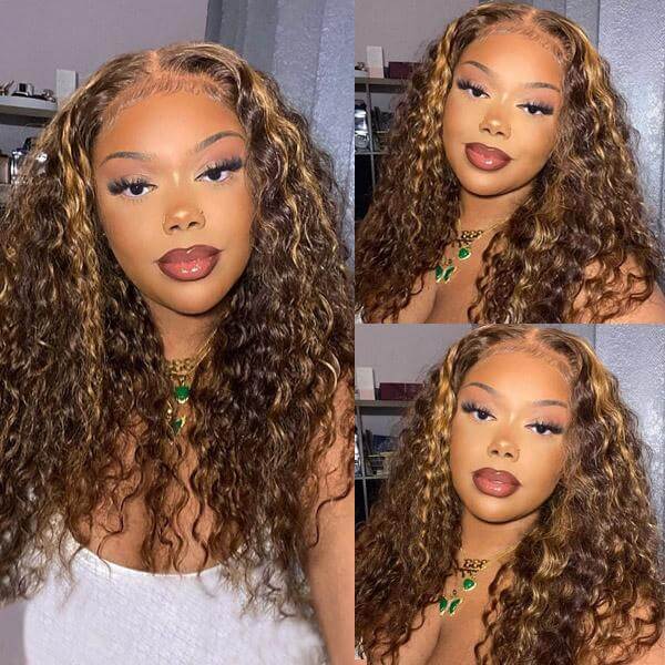 Honey Blonde Ombre Hair P4/27 Deep Curly 4x4 Lace Closure Human Hair Wig
