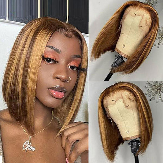 Honey Blonde Straight Hair 4x4 Lace Closure Short Bob Human Hair Wig