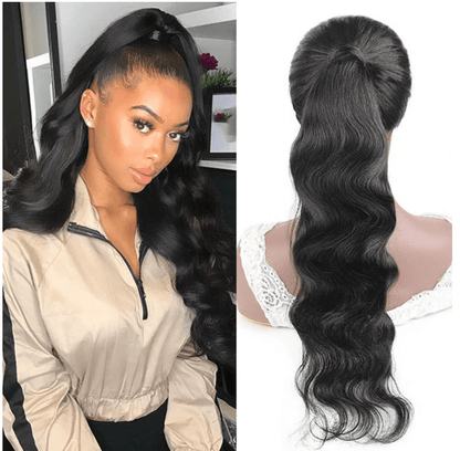 Body Wave Long Wavy Wrap Around Clip In Ponytail Hair Extension Brazilian Remy Human Hair - MyPlushWigs