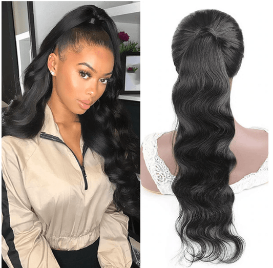 Body Wave Long Wavy Wrap Around Clip In Ponytail Hair Extension Brazilian Remy Human Hair - MyPlushWigs