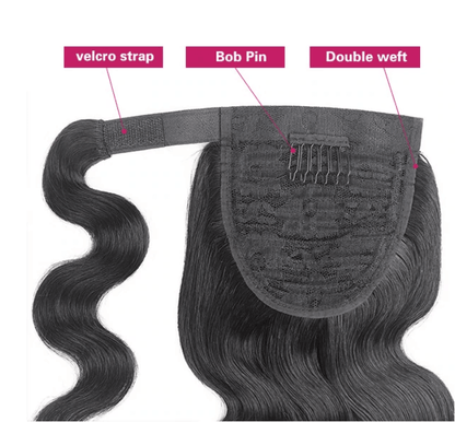 Body Wave Long Wavy Wrap Around Clip In Ponytail Hair Extension Brazilian Remy Human Hair - MyPlushWigs