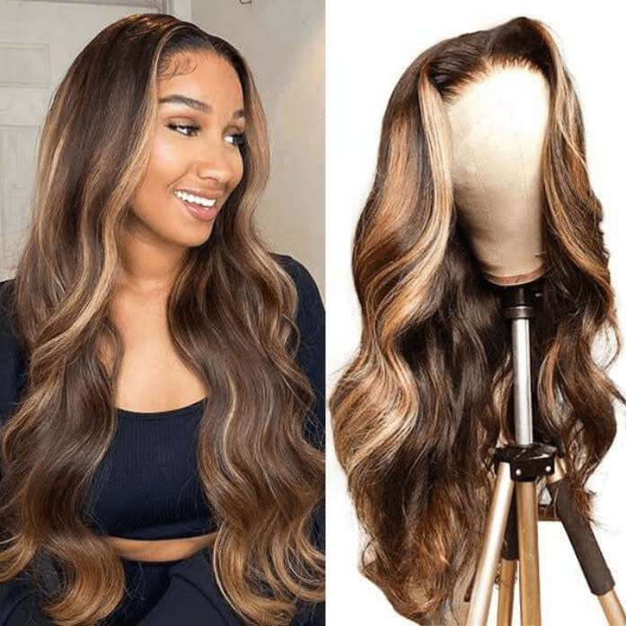 Honey Blonde Ombre Body Wave Hair 13x4 Transparent Lace Front Human Hair Wig Pre Plucked